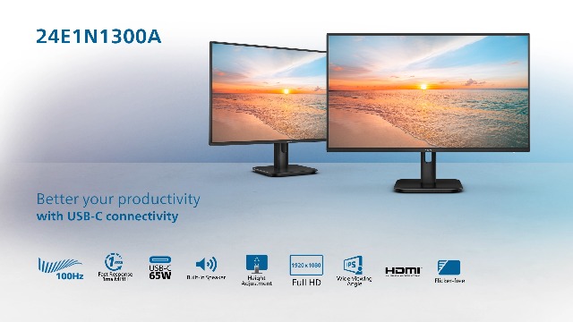 Philips 24E1N1300A - 24 Inch FHD Monitor, 100Hz, IPs, 1ms, USB-C